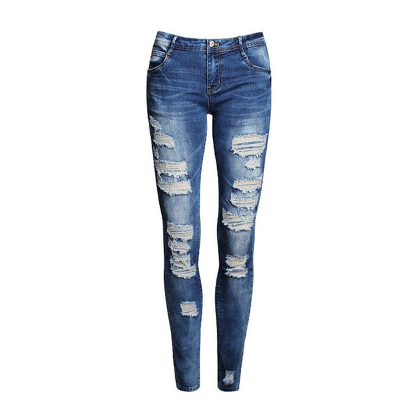 Wholesale- Fashion Pants Jeans Women Hole Stretch Cotton Ripped Jeans Skinny Jeans