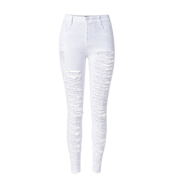 Wholesale- Fashion white Hole jeans woman Pencil Pants skinny ripped jeans for women vaqueros mujer jean denim pants pantalon jean femme