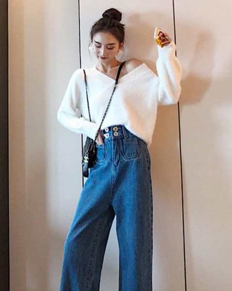 2018 Women's autumn and winter fashion high waist straight tube four button cowboy wide-legged trousers S-L