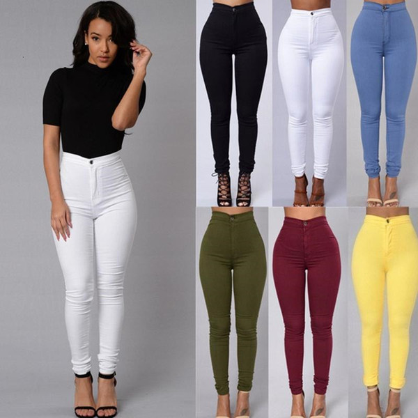 Women Denim Skinny Jeggings Jean Pants High Waist Stretch Pencil Jeans Woman Slim Sexy Push Up Trousers Candy Color Casual Yellow New 