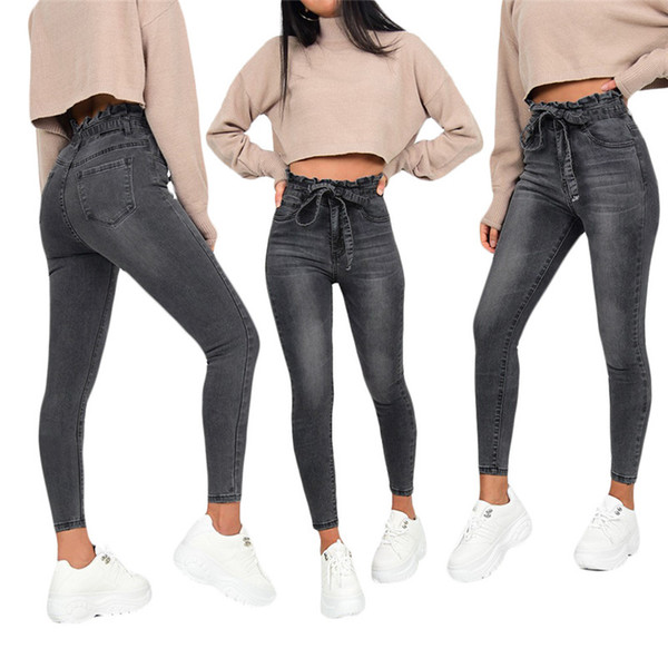 Autumn New Women Designer Jeans Fashion Ruffled High Waisted Black Long Jeans with Sashes Casual Womens Designer Pants