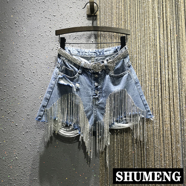 European Summer 2019 New Hole Ripped High Waist Drilling Diamond Chain Short Jeans Slim Jeans Shorts for Women Denim Shorts