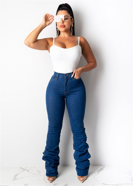 Winter Female Draped Hem Denim Pants Women Retro Ripped Jeans Straight Trousers Hole Casual Bell-Bottoms Pants