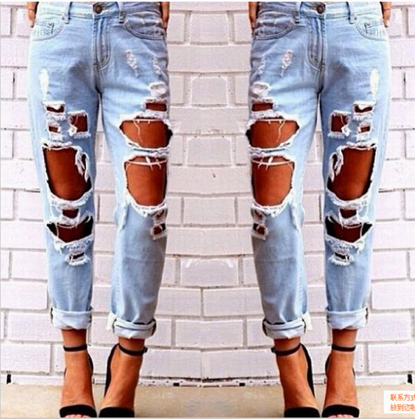 Ripped Jeans Denim Joggers Knee Holes Slim Fit Jeans For Women Blue Rock Star Womens Jumpsuit Destroyed Jeans Boyfriend Pencil Pants