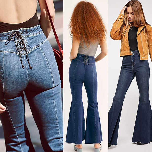 Women Fashion Bootcut Jeans High Waisted Skinny Wide Leg Jean Pants Lady Streetwear Push UP Back Bandage Flare Denim Trousers Bell Bottom