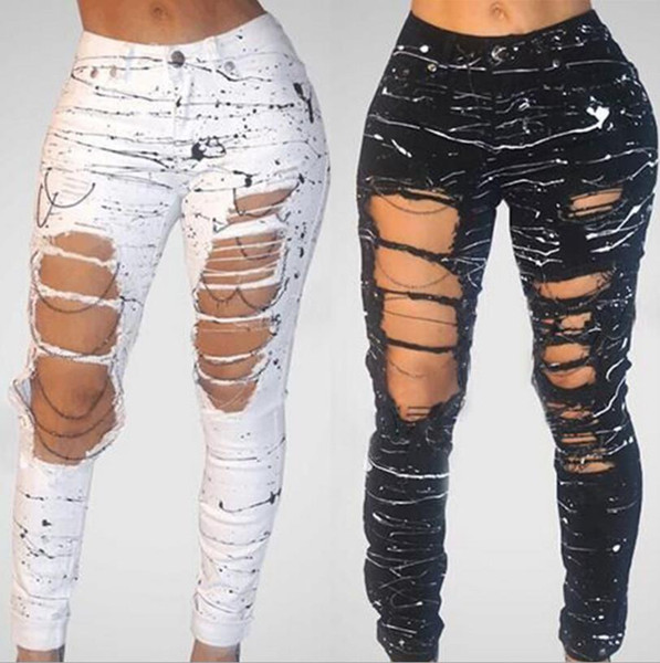 Hole jeans paint feet pants women chain new street hipster pencil trousers hot sell summer gift