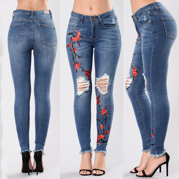 Womens Designer Jeans Hole Embroidered Chinese Style Slim Dark Blue Skinny Pencil Pants Fashion Womens Pants