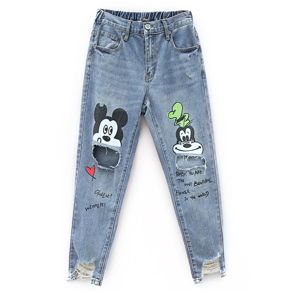 New Cotton Jeans Women 2019 Vintage Irregular Jeans Loose Elastic Waist Harajuku Cartoon Printed Hole Female Pants #8081