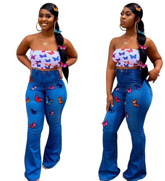 Butterfly Embroidery Spliced Jeans Fashion Women Flare Pants 2019 High Waist Body-con Full Length Denim Trousers Fashion Lady Jeans