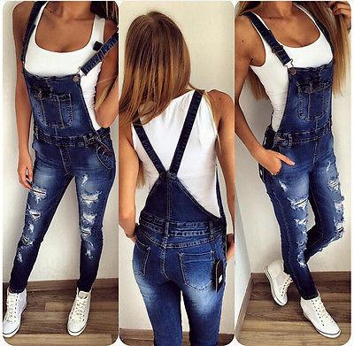 Wholesale- 2016 Womens Jumpsuit Denim Overalls Ripped Casual Loose Skinny Jeans Pants Hole Salopette Jeans Women Overalls size S-XL