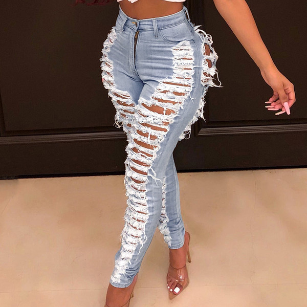 Women Sexy Ripped Hole Jeans Fashion Casual Washed Denim Pants Femme Destroyed High Waist Skinny Pencil Pants Bodycon Trouser