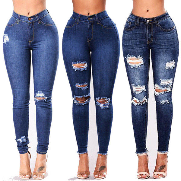 New Stylish Womens High Waisted Skinny Ripped Denim Pants Slim Pencil Jeans Trousers Plus Size 3 Styles