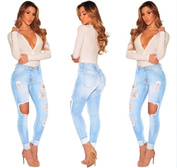 Hot sale Ripped Jeans Denim Joggers Knee Holes Slim Fit Jeans For Women Blue Rock Star Womens Jumpsuit Destroyed Jeans Boyfriend Pencil