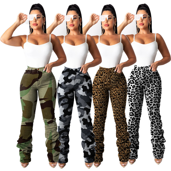 Spot European and American autumn and winter models women's classic camouflage elastic pleated pocket jeans, support mixed batch