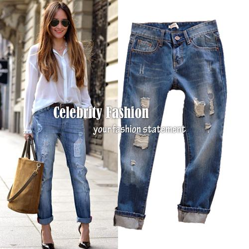 Wholesale- Hot Sale Celebrity Rolled Up Ripped Boyfriend Jeans Women Loose Fit Demin Washed Pant Trouser Plug Size 26-34 Free Shipping