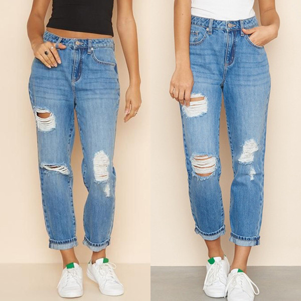Fashion Womens High Waist Hole Pocket Button Zipper Denim Slim Fit Jeans Pants Female Hole 2019 New Style Baggy Jeans