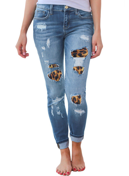 Spring Summer Women Blue Black Designer Jeans Leopard Hole Ripped Pencil Pants Skinny Mid Waist Woman Slim Jeans Streetwear Size S-2XL