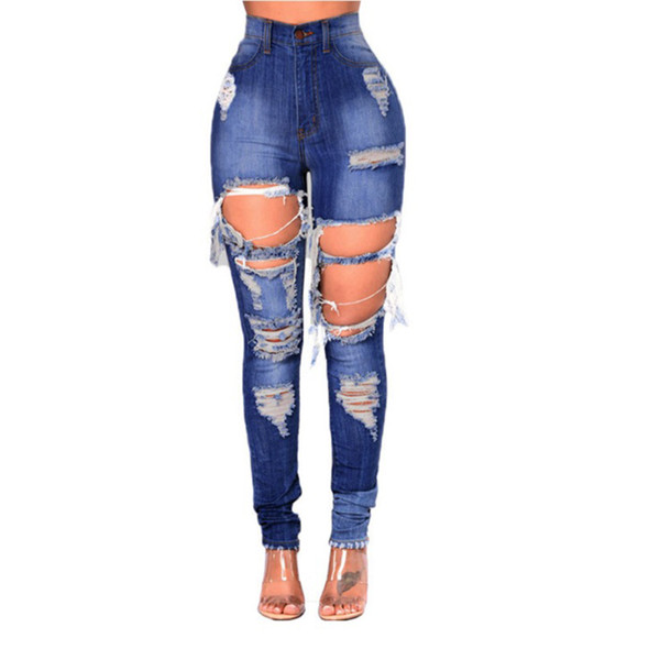 2019 HOT SALE women fashion Jeans Women mid Waist Skinny Pencil Blue Denim Pants ripped hole washed cotton Jeans woman