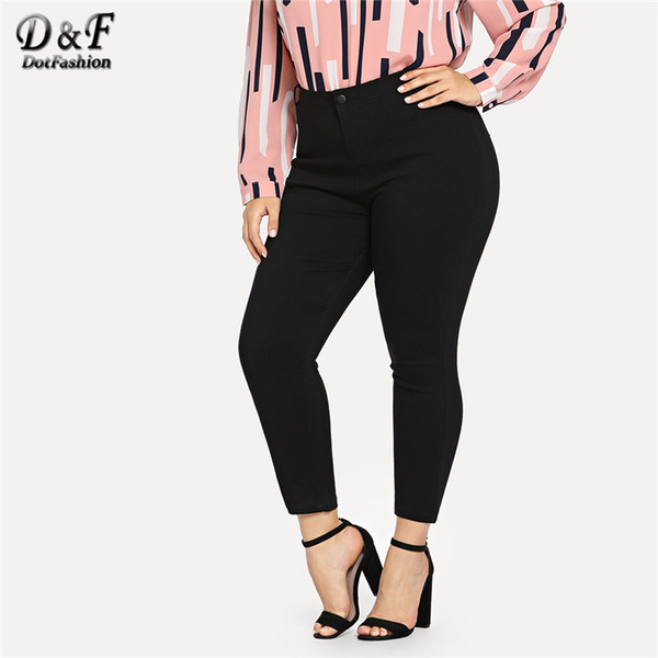 Dotfashion Plus Size Black Solid Skinny Ankle Jeans Denim Woman 2019 Autumn Casual Pants Plus Size Fashions Button Trousers