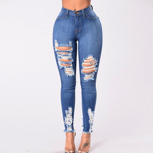 2019 Fashion Casual Long Jeans Women High Waist Skinny Pencil Blue Denim Pants Ripped Hole Cropped Slim Fit Skinny Jeans Women