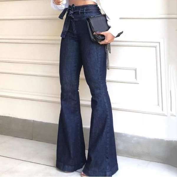 SHUJIN Women High Waist Bandage Wide Leg Denim Jeans 2020 New Women Spring Summer Jean Ladies Stretch Fare Long Pants