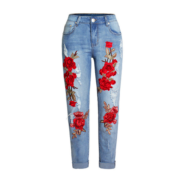 denim jeans womens flower Straight Embroid 2019 high waist pants Full Length plus size female pantalon mujer trousers streetwear