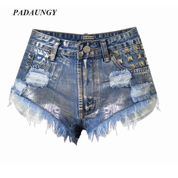 Wholesale- PADAUNGY Silver Jeans Women Denim Shorts Punk Wide Leg Pants Ripped Rivet Hotpants Trousers Slim High Waist Pantalones Mujer