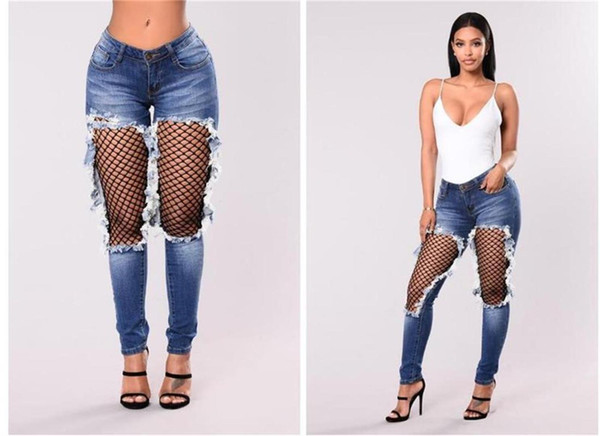 Sexy Fishnet Distressed Jeans Summer Skinny Jeans Woman High Waist Capri Denim Trousers Women 2018 Streetwear