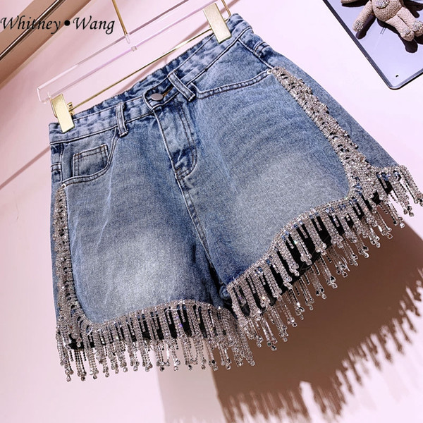 WHITNEY WANG Summer Fashion Streetwear Bling Bling Diamonds Tassel Shorts Jeans Women Stylish Denim