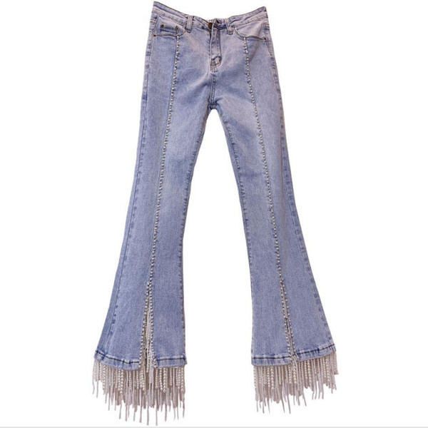 Slim Jeans Women Fashion high waist Vintage High Quality pearl beading Tassel Cowboy Denim Pants flare jeans