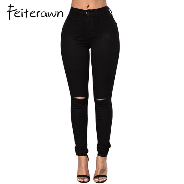 Feiterawn Black Hole Jeans For Women Trendy Slit Knee Autumn Denim Pants For Woman Skinny Jeans With High Waist Trousers 2018