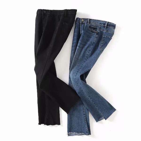 Korean Black High Waist Slim Jeans Pants Female Ankle-Length Irregular Burr Skinny Flare Pants