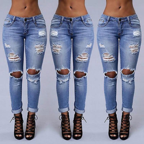 Wholesale- 2016 Fashion Women Ladies Jeans Ripped Skinny Denim Hole Cut High Waisted Trousers Blue