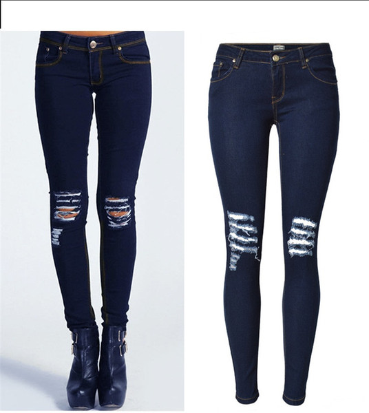 Wholesale Free Shipping Fashion Women Denim Skinny Ripped Pants High Waist Stretch Jeans Slim Pencil Trousers