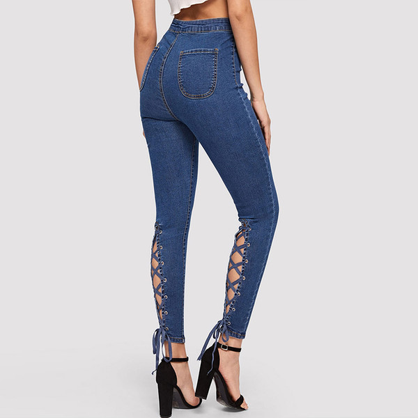 Jeans for Women Fashion High Waist Button Bandage Lace Up Pencil Pant Female Casual Washed Skinny Denim Jeans Women Slim PantP40