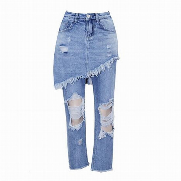 Wholesale- New arrival Vintage 2017 Womens Ripped Jeans Holes Denim Pants Trousers vaqueros mujer Irregular Flare Pants Jeans feminina