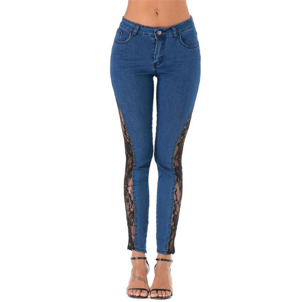 MORUANCLE Fashion Women's Stretch Jeans Pants Lace Patchwork Skinny Sexy Denim Trousers For Lady Size M-XXL