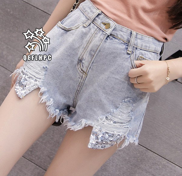 Denim shorts Broad leg hot pants Women's Clothing Women's Jeans Casual fashion clothes Cowboy pants Denim shorts Wathet Hole Ripped A7888