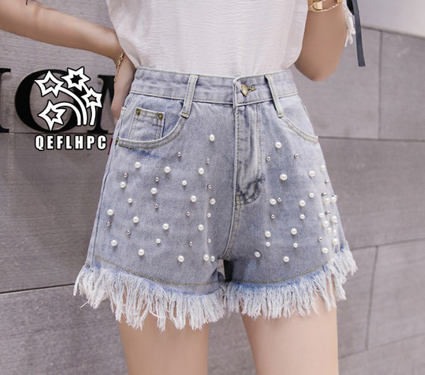 Denim shorts Broad leg hot pants Women's Clothing Women's Jeans Casual fashion clothes Cowboy pants Denim shorts Wathet Hole Ripped A5121#