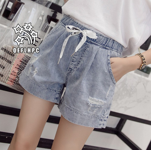 Denim shorts Broad leg hot pants Women's Clothing Women's Jeans Casual fashion clothes Cowboy pants Denim shorts Wathet Hole Ripped A3229