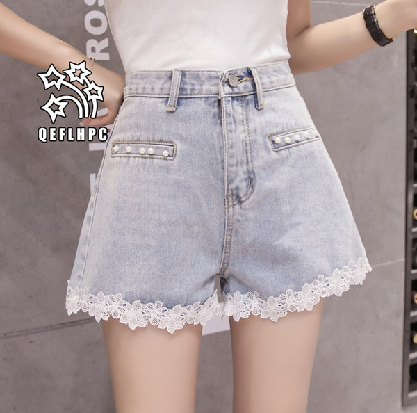 Denim shorts Broad leg hot pants Women's Clothing Women's Jeans Casual fashion clothes Cowboy pants Denim shorts Lace A6221#