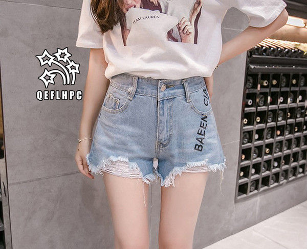 Denim shorts Broad leg hot pants Women's Clothing Women's Jeans Casual fashion clothes Cowboy pants Denim shorts Wathet Hole Ripped A9322