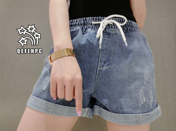 Denim shorts Broad leg hot pants Women's Clothing Women's Jeans Casual fashion clothes Cowboy pants Denim shorts Wathet Hole Ripped A8025