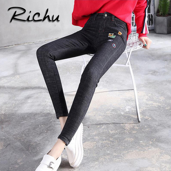 Richu Hot sale Stretch Embroidered Jeans For Women Elastic Flower Jeans Female Pencil Denim Pants Rose Pattern Pantalon Femme