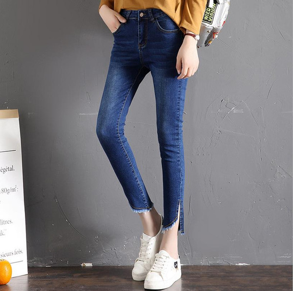 Elastic Cotton BF fashion lady MID waist denim jeans blue elastic trousers female bottom clothes