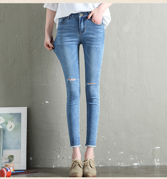 Elastic Cotton holes full length fashion lady MID waist denim jeans blue elastic trousers female bottom clothes