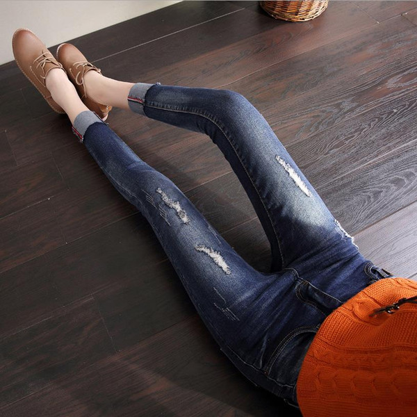 Mid Waist Cat beard Holes full length skinny jeans lady students denim jeans elastic trousers female bottom clothes Made in China