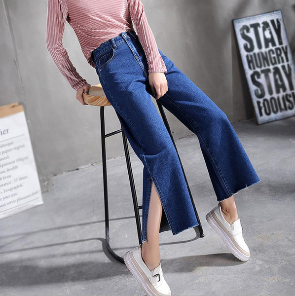 High WAIST full length loose jeans lady students denim jeans elastic trousers female bottom clothes Side of the split Made in China