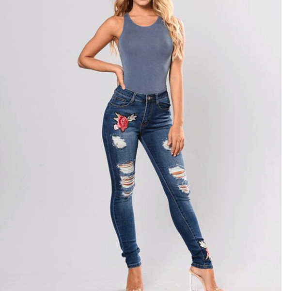 Female Embroidered Ripped Jeans Skinny Trousers Long Denim Pants For Women Large Size Bottom Clothing 3XL