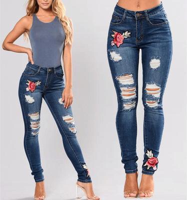 Fashion Hole Design Pants Embroidered High Stretch Denim High Waist Trousers For Women Large Size Wear